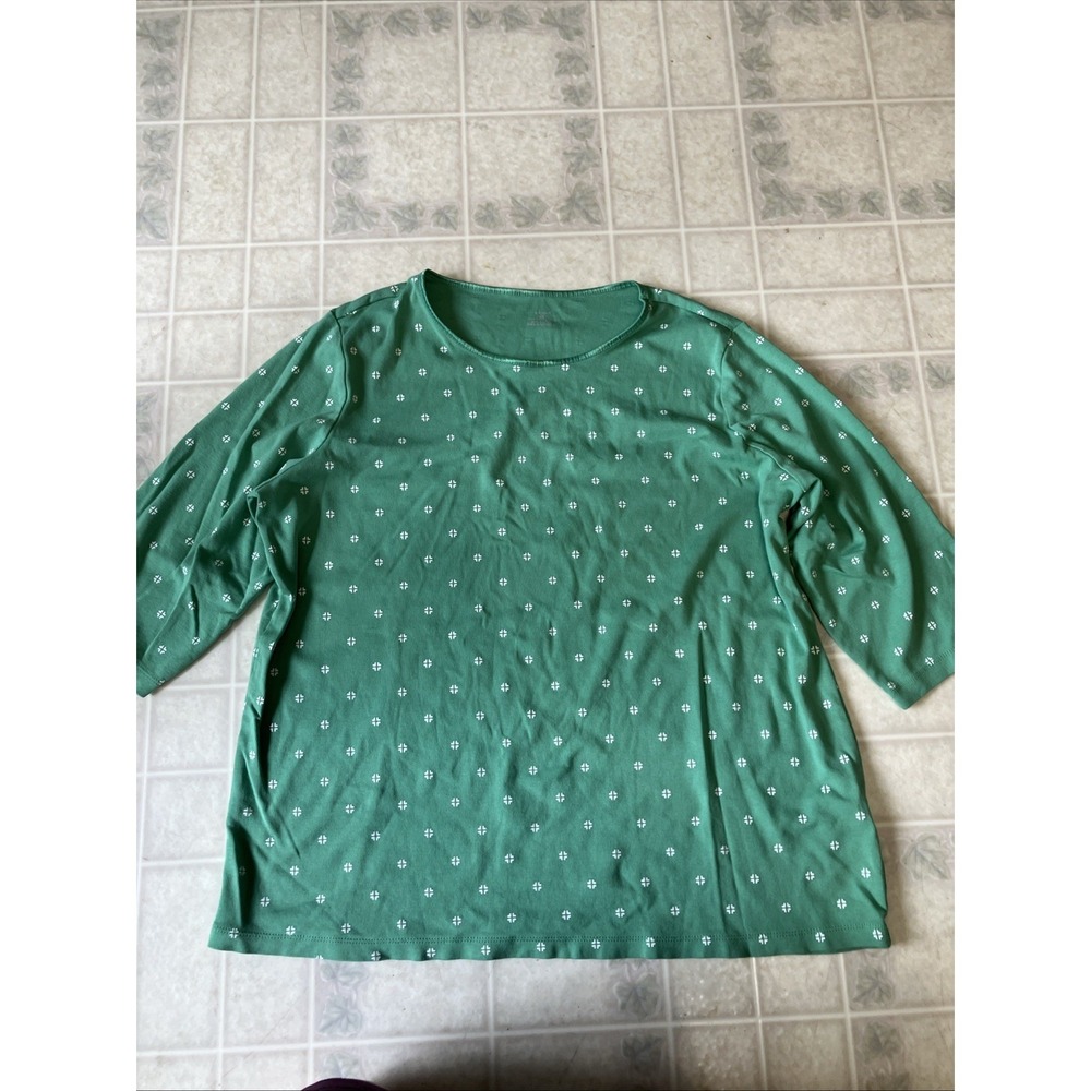 CJ Banks Tee 3/4 Sleeve Cotton Size 2X Green Hearts Cottage core 90's Modest